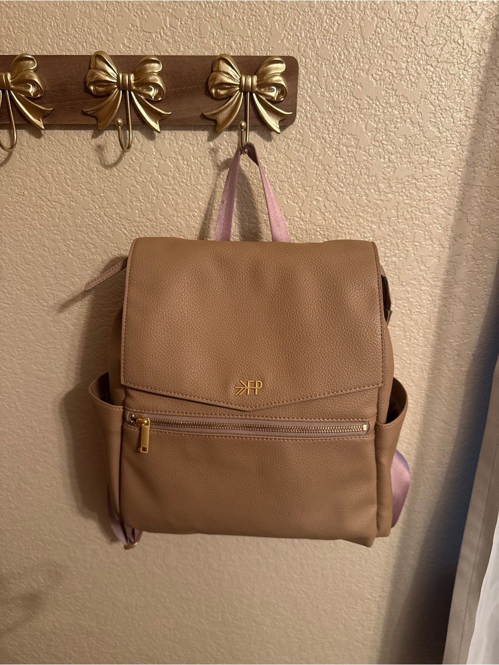 Freshly Picked Taupe Kids Backpack with Pink Straps